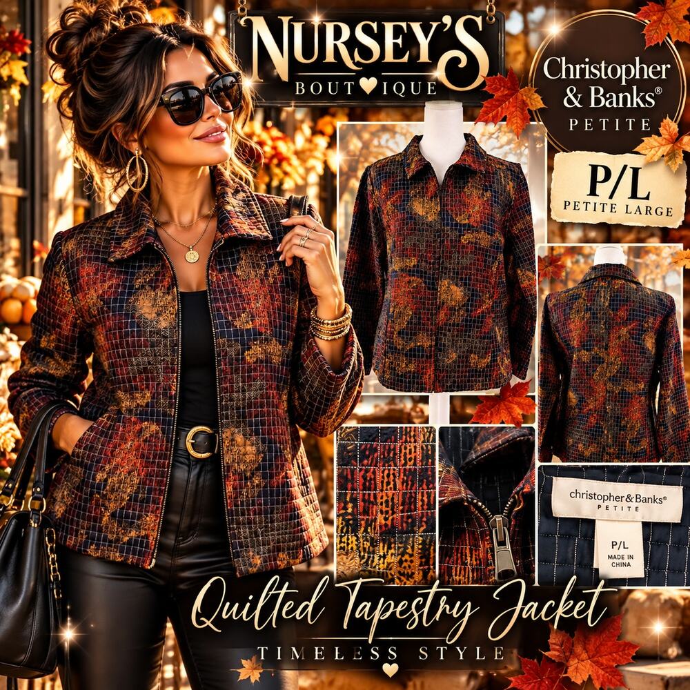 Christopher & Banks Petite L 2013 Quilted Tapestry Patchwork Zip Jacket Y2k